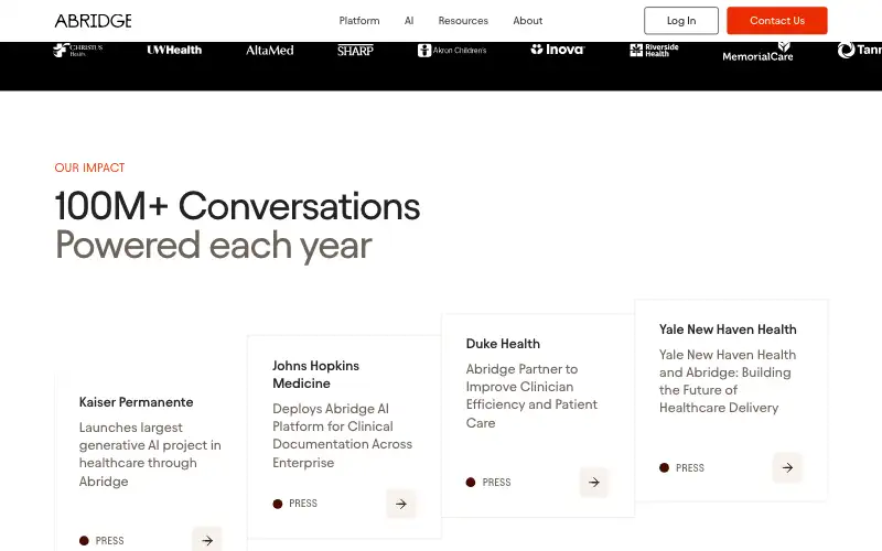 Screenshot of abridge.com, further down the homepage