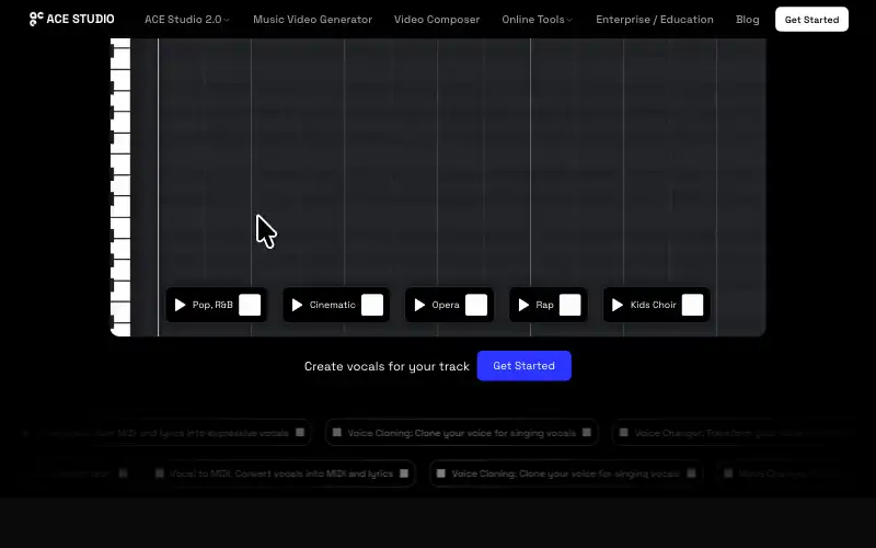 Screenshot of acestudio.ai, further down the homepage