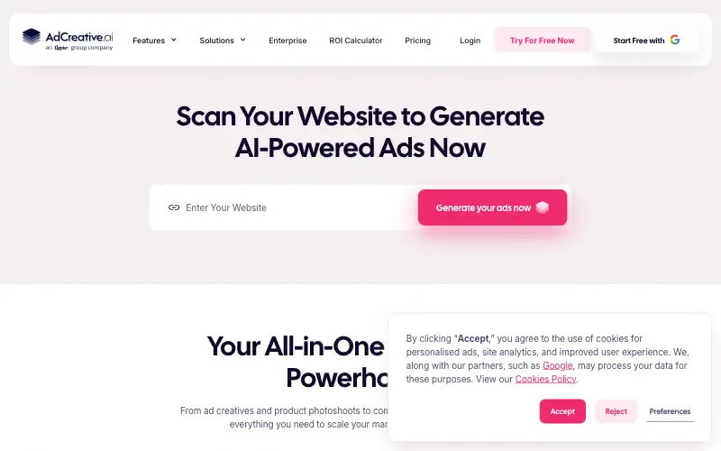 Screenshot of adcreative.ai, further down the homepage