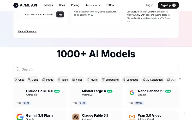 Screenshot of aimlapi.com, further down the homepage