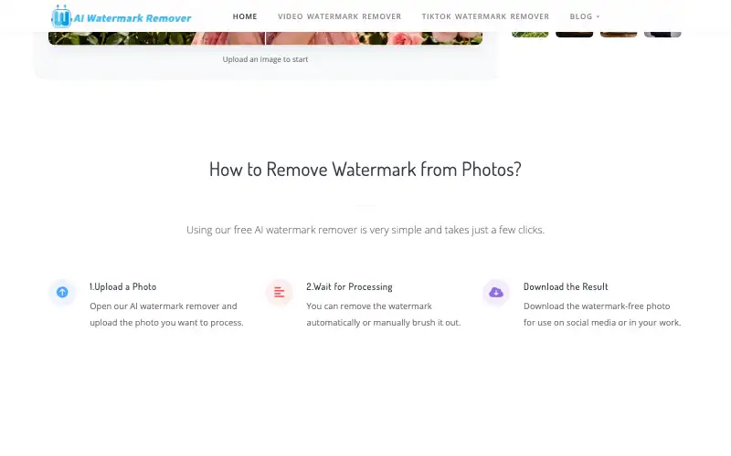 Screenshot of aiwatermarkremover.io, further down the homepage