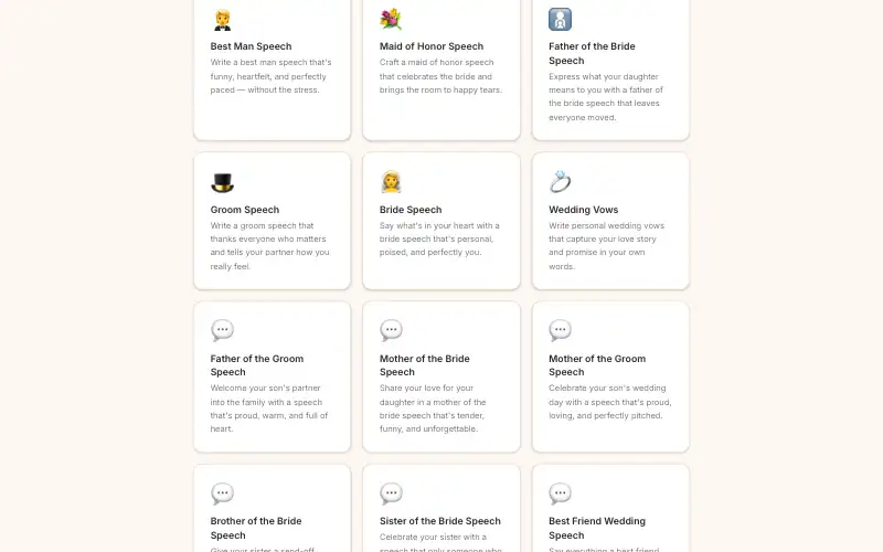 Screenshot of aiweddingtoast.com, further down the homepage
