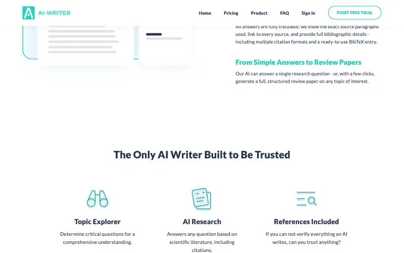 Screenshot of ai-writer.com, further down the homepage