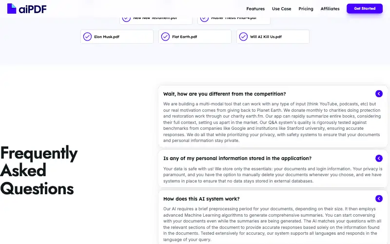Screenshot of aipdf.ai, further down the homepage