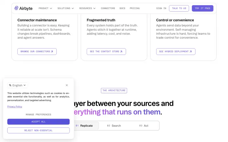 Screenshot of airbyte.com, further down the homepage