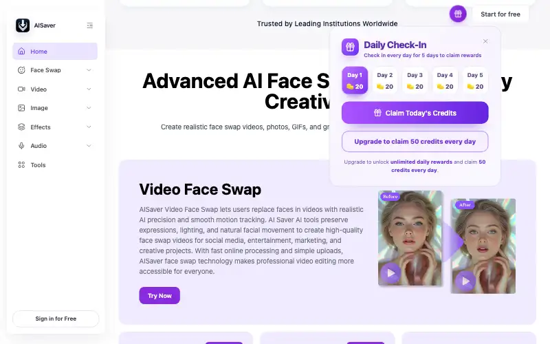 Screenshot of aisaver.io, further down the homepage