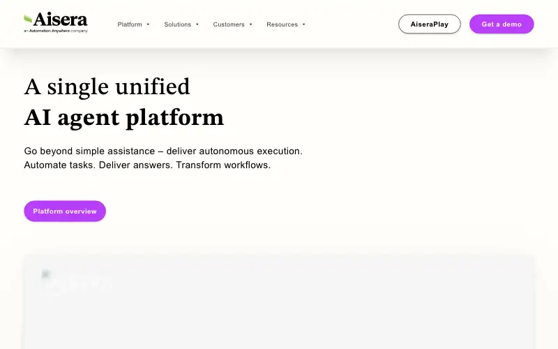 Screenshot of aisera.com, further down the homepage