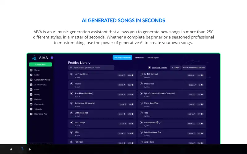 Screenshot of aiva.ai, further down the homepage