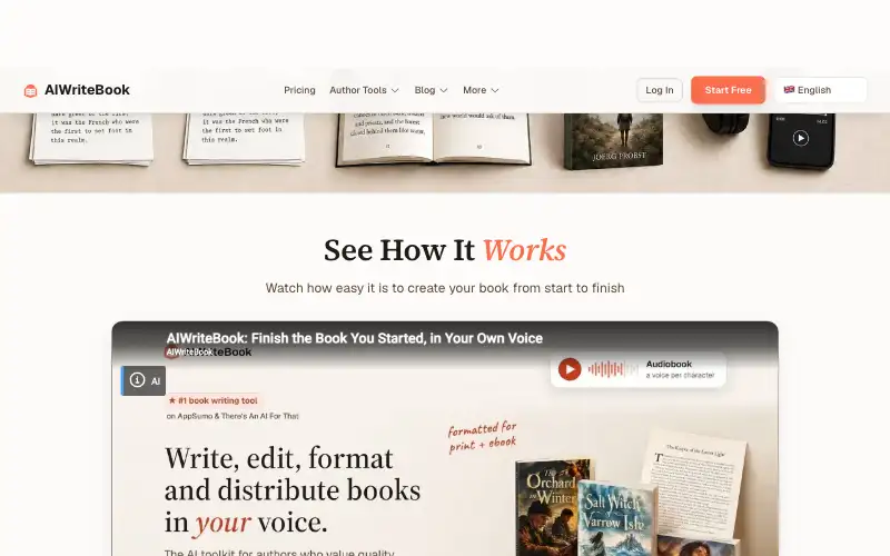 Screenshot of aiwritebook.com, further down the homepage