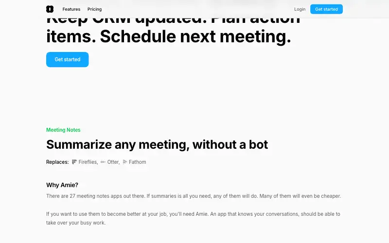 Screenshot of amie.so, further down the homepage