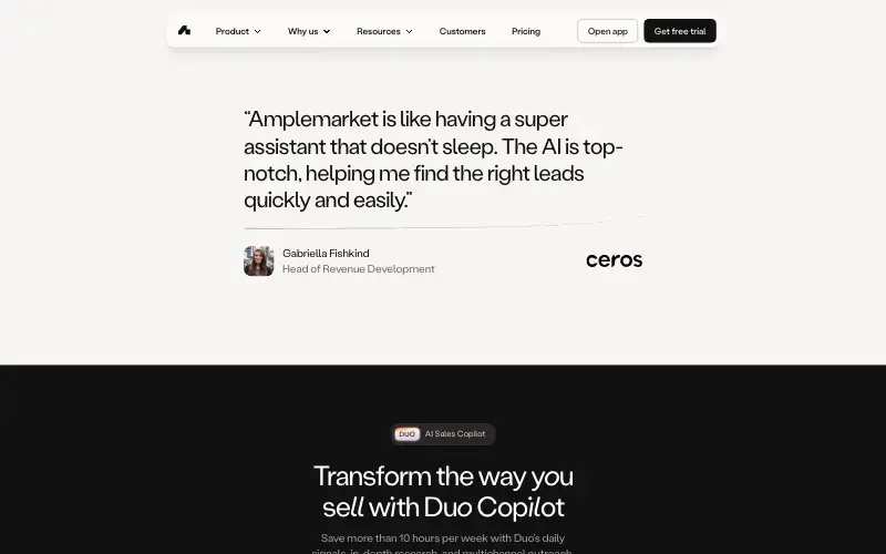 Screenshot of amplemarket.com, further down the homepage