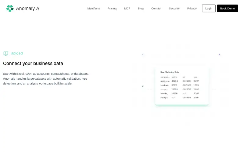 Screenshot of findanomaly.ai, further down the homepage