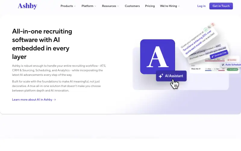 Screenshot of ashbyhq.com, further down the homepage