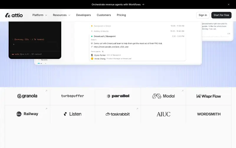 Screenshot of attio.com, further down the homepage