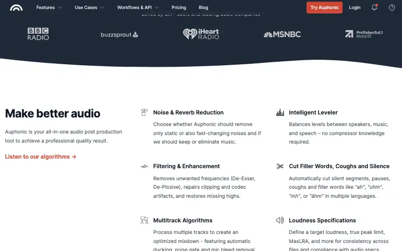 Screenshot of auphonic.com, further down the homepage
