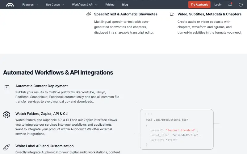 Screenshot of auphonic.com, further down the homepage