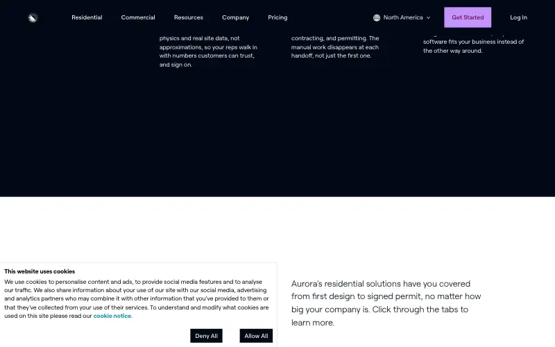 Screenshot of aurorasolar.com, further down the homepage
