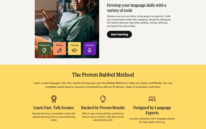 Screenshot of babbel.com, further down the homepage