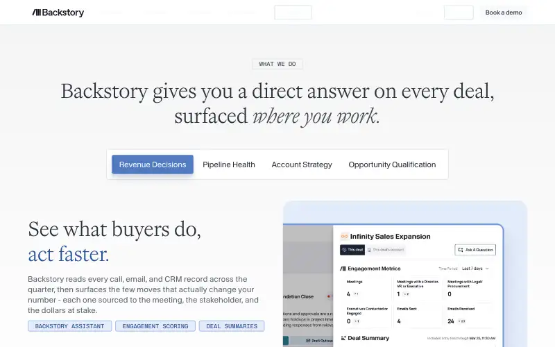 Screenshot of backstory.ai, further down the homepage
