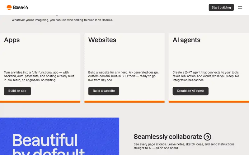 Screenshot of base44.com, further down the homepage