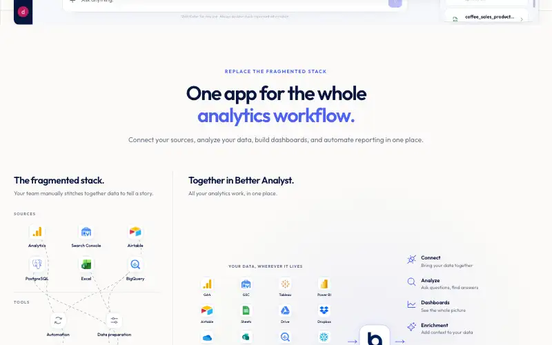 Screenshot of betteranalyst.com, further down the homepage