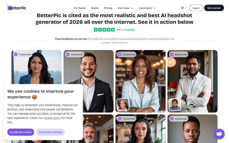 Screenshot of betterpic.io, further down the homepage