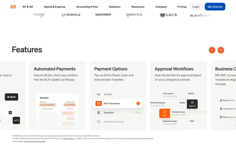 Screenshot of bill.com, further down the homepage