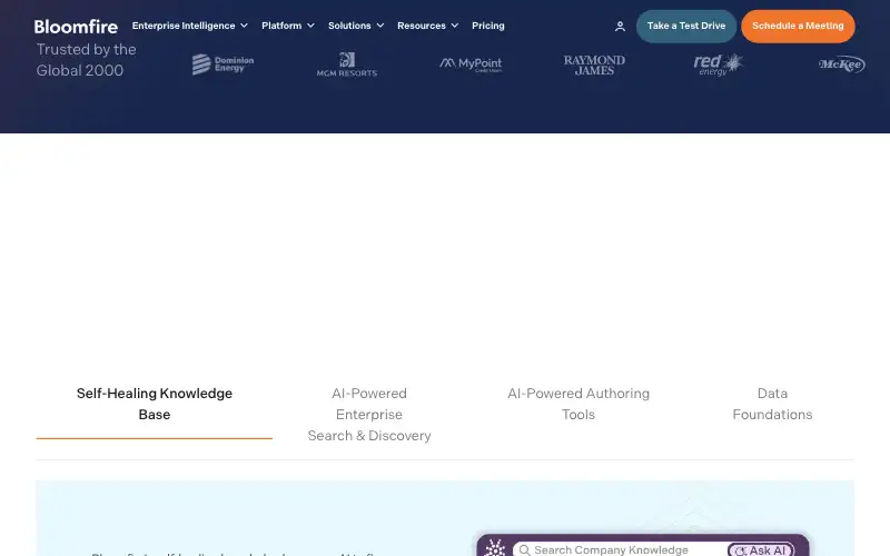 Screenshot of bloomfire.com, further down the homepage