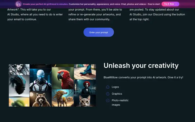 Screenshot of bluewillow.ai, further down the homepage
