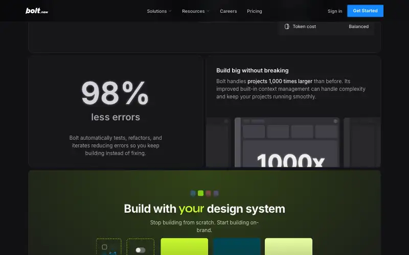 Screenshot of bolt.new, further down the homepage