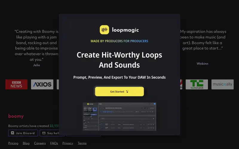 Screenshot of boomy.com, further down the homepage