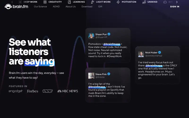 Screenshot of brain.fm, further down the homepage