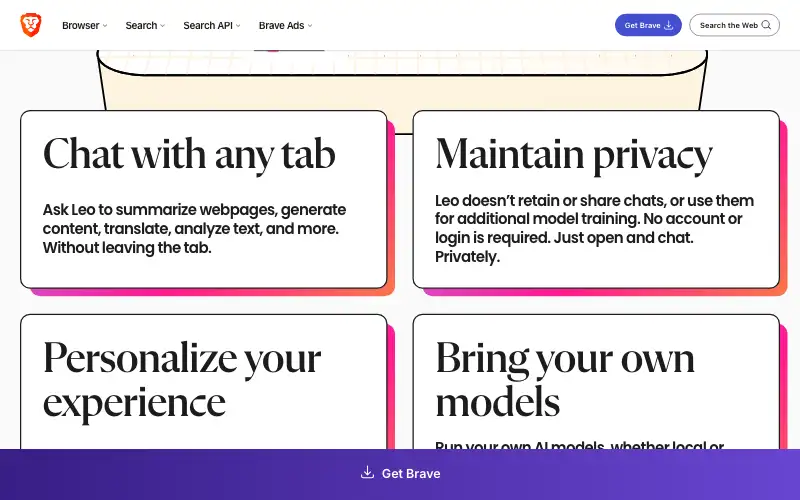 Screenshot of brave.com, further down the homepage