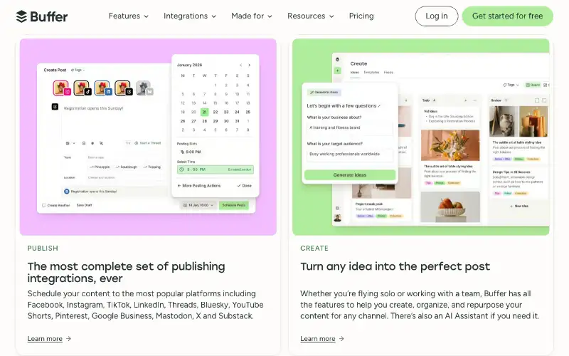 Screenshot of buffer.com, further down the homepage