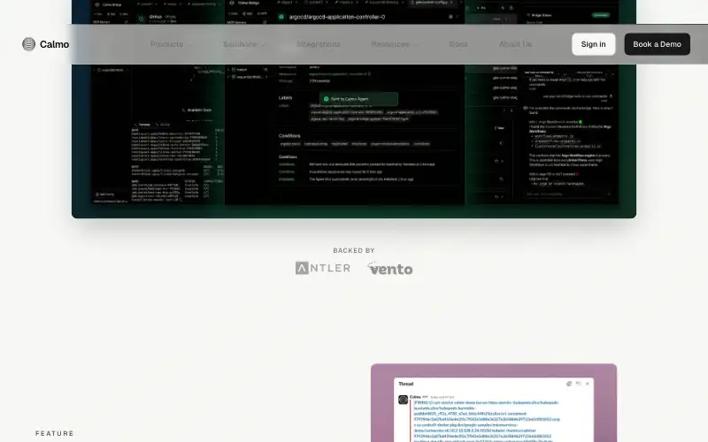Screenshot of getcalmo.com, further down the homepage