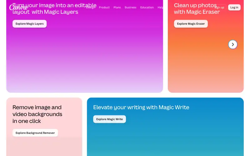Screenshot of canva.com, further down the homepage