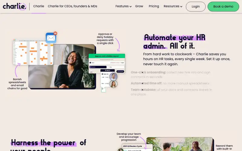 Screenshot of charliehr.com, further down the homepage
