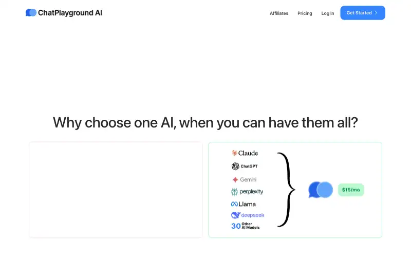 Screenshot of chatplayground.ai, further down the homepage