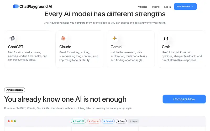 Screenshot of chatplayground.ai, further down the homepage