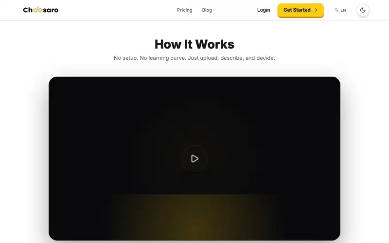 Screenshot of choosaro.com, further down the homepage