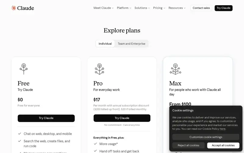 Screenshot of claude.ai, further down the homepage