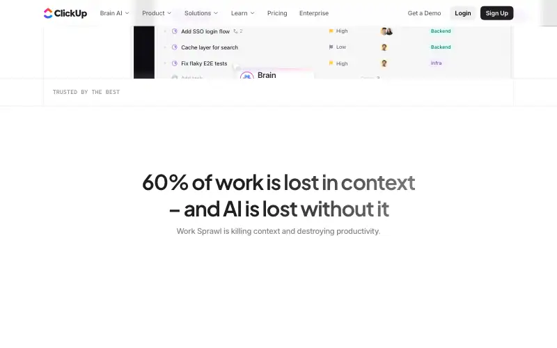 Screenshot of clickup.com, further down the homepage