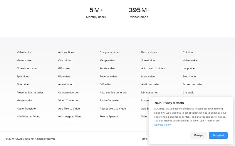 Screenshot of clideo.com, further down the homepage