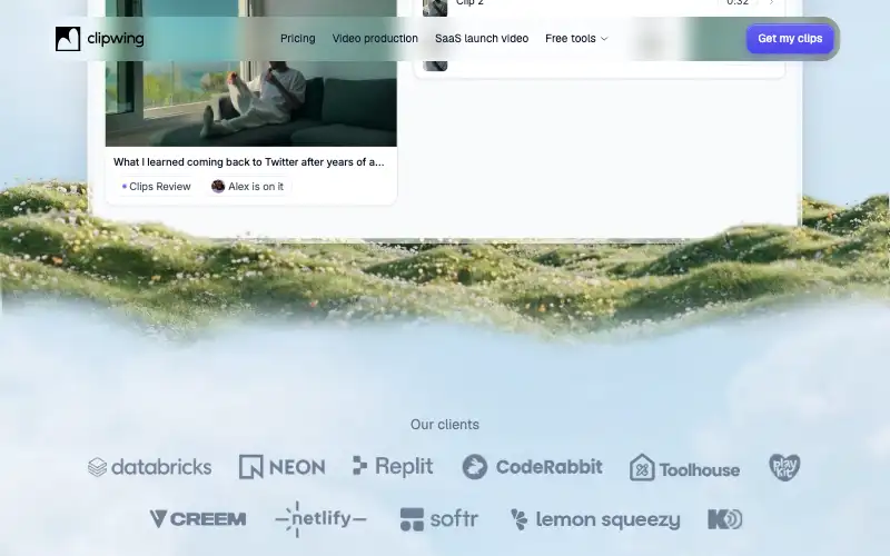 Screenshot of clipwing.pro, further down the homepage