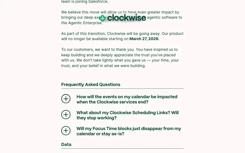 Screenshot of getclockwise.com, further down the homepage