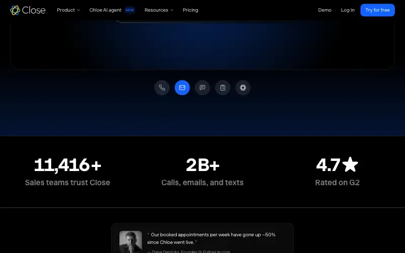 Screenshot of close.com, further down the homepage