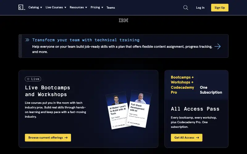 Screenshot of codecademy.com, further down the homepage