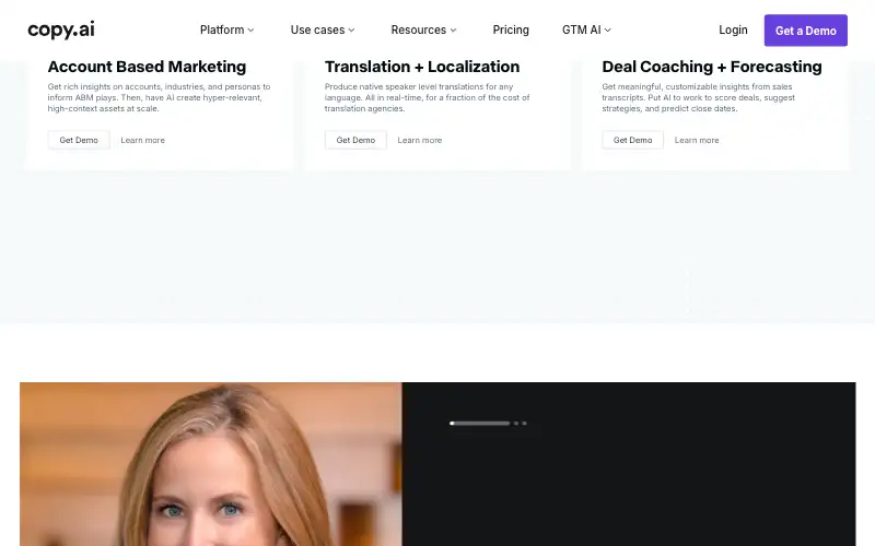 Screenshot of copy.ai, further down the homepage