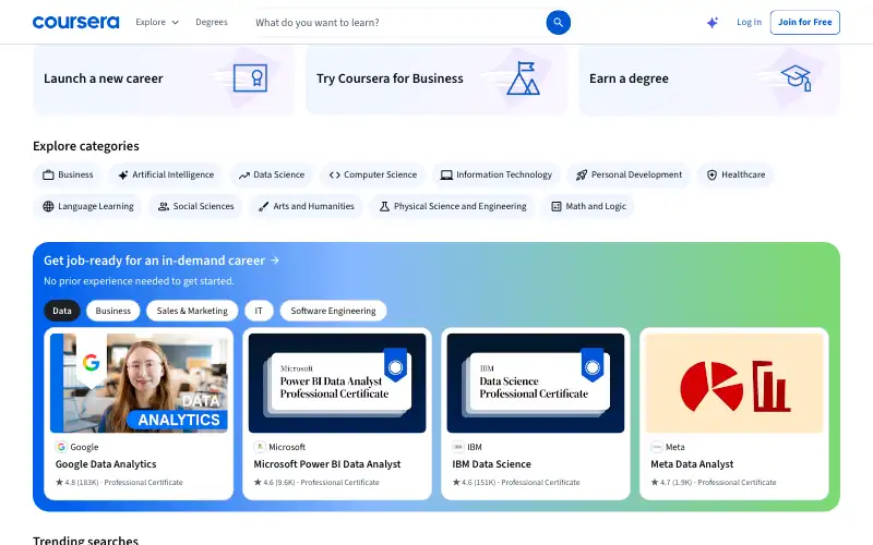 Screenshot of coursera.org, further down the homepage