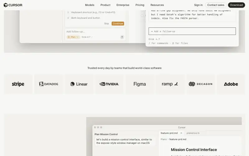 Screenshot of cursor.com, further down the homepage